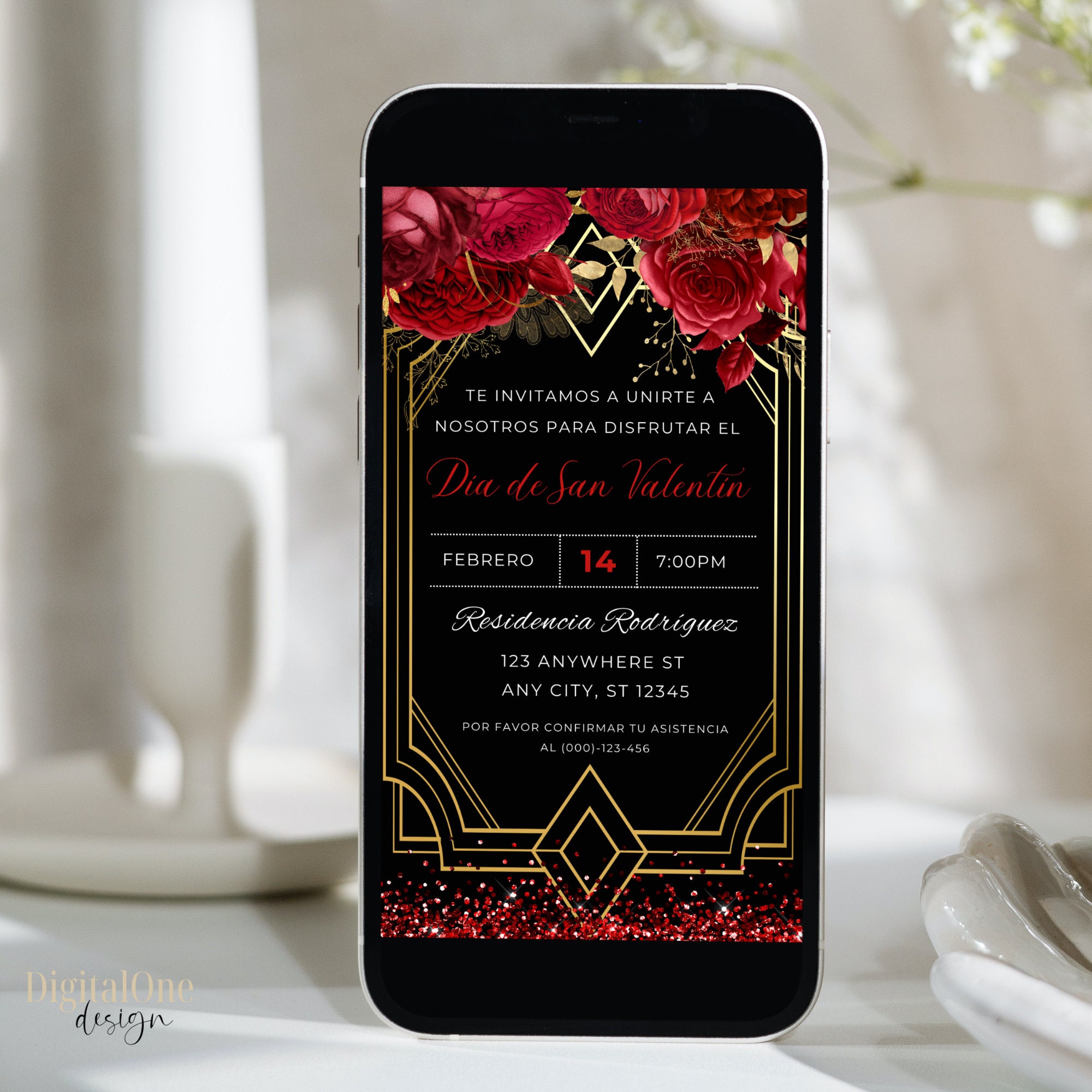 Spanish Valentine\'s Day Party Invitation, Invitacion San Valentin, Red Gold  Floral Art Deco, Digital Valentine\'s Day Evite, Editable Invite - Etsy