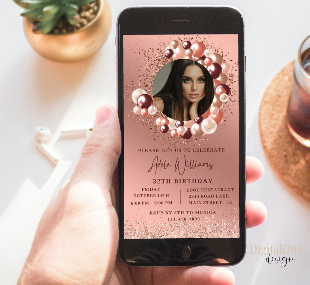 Electronic Birthday Invitation Template, Birthday Party Invitation With Photo, Rose Gold