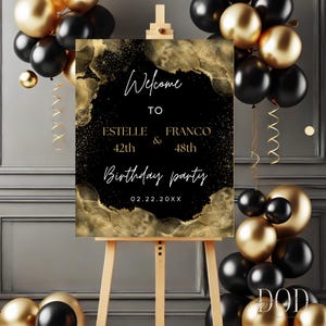 Placa de boas-vindas para festa de aniversário conjunta, festa de aniversário conjunta preta e dourada para todas as idades, placa de cavalete com tinta alcoólica dourada para download instantâneo