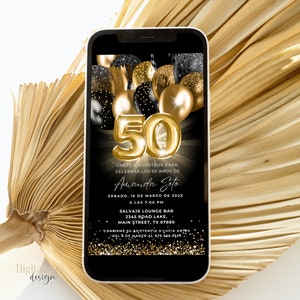 Spaanse uitnodiging 50e verjaardagsfeestje, Cumpleaños 50 jaar, goud zwarte glitterballonnen, Spaanse bewerkbare uitnodiging, 50e feest