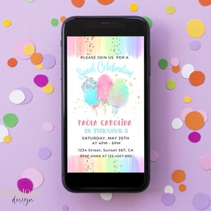 Zuckerwatte Geburtstag Elektronische Einladung Süße Feier Geburtstag Kinder Bearbeitbare Geburtstag Invite Smartphone Text Digitaler Download