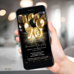Spaanse 70e verjaardag uitnodiging voor feest, bewerkbare elektronische dineruitnodiging, 70 años Invitacion de Cumpleaños, Black Gold Balloons Glitter
