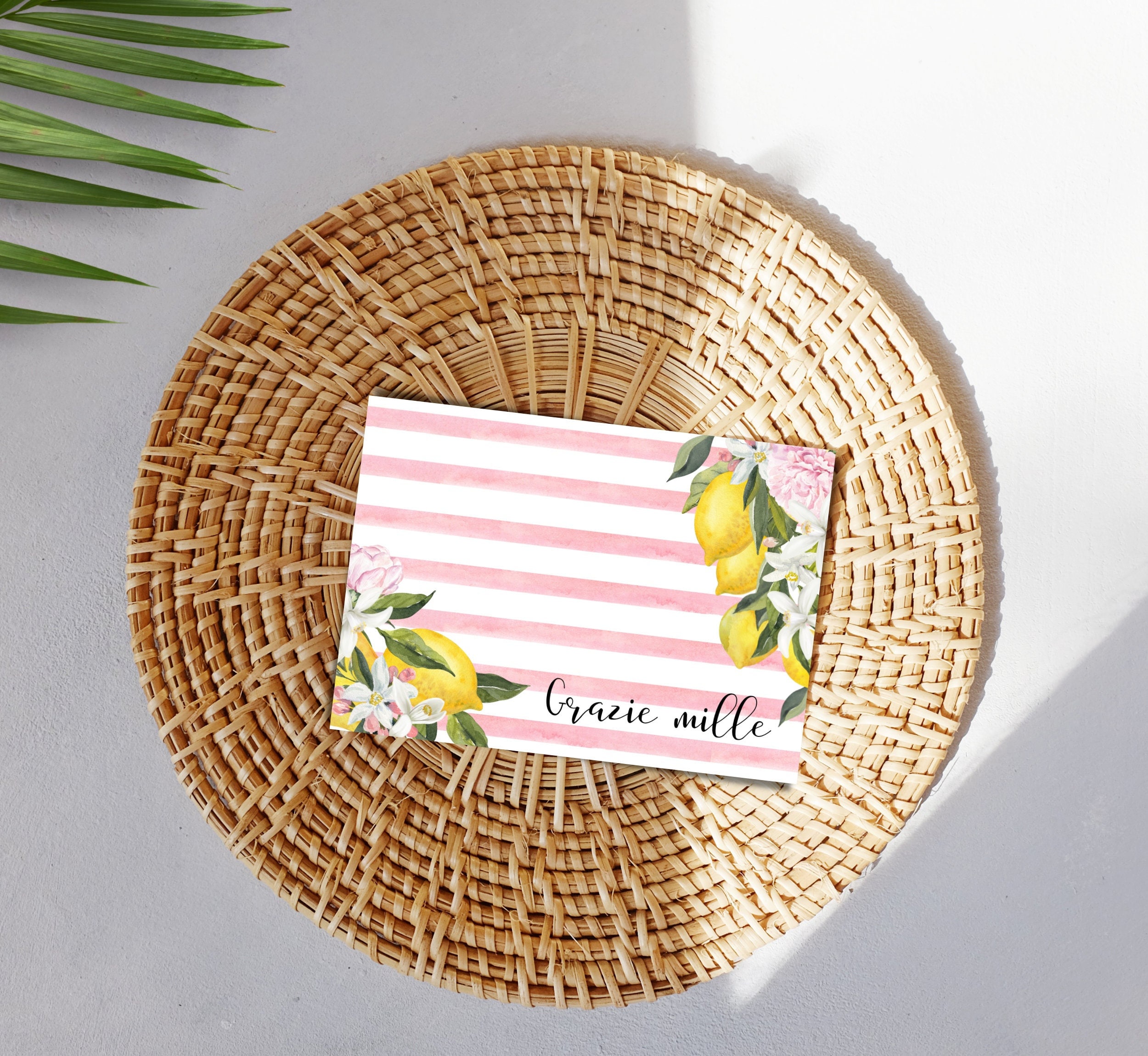 Italienische Dankeskarten, druckbare Grußkarten, Grazie-Karte, Aquarell Lemon Floral, Citrus-Karte, Danke für Ihre Bestellung Blume, flache Karte