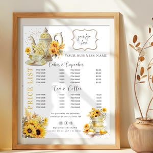 Sonnenblumen-Teetassen-Preisliste Vorlage, eleganter gelber Preisführer, Sonnenblumen-Teetassen- und Teekannen-Design, Konditor- & Bäckerei-Teetasse