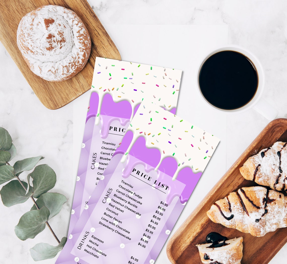 Bakery Price List, Editable Menu Template, Purple Cake Frosting Price