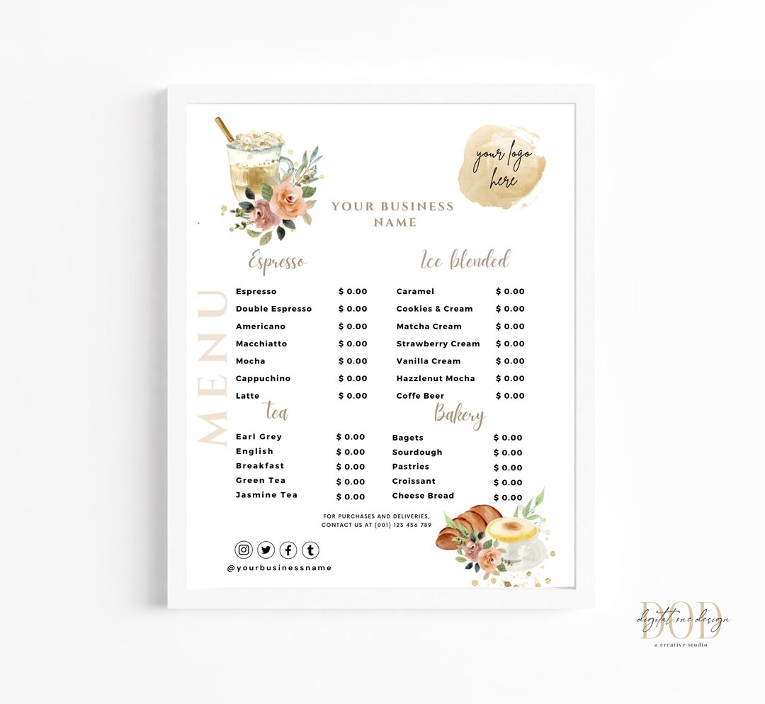 Coffee Shop Price List Template, Coffee Menu Template, Editable Menu