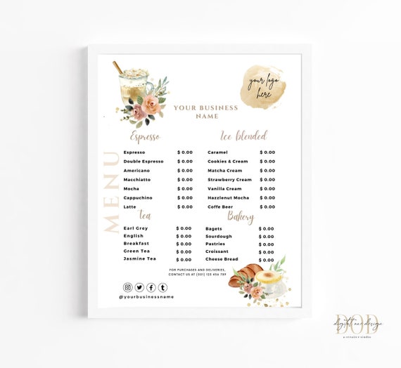 Coffee Shop Price List Template Coffee Menu Template Etsy Canada