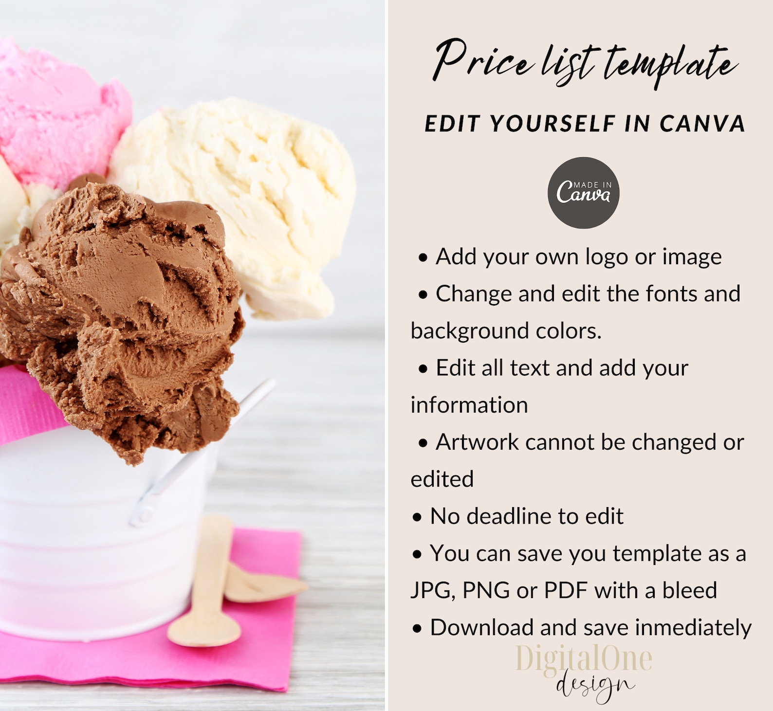 Ice Cream Price List Template, Ice Cream Menu Sign, Ice Cream