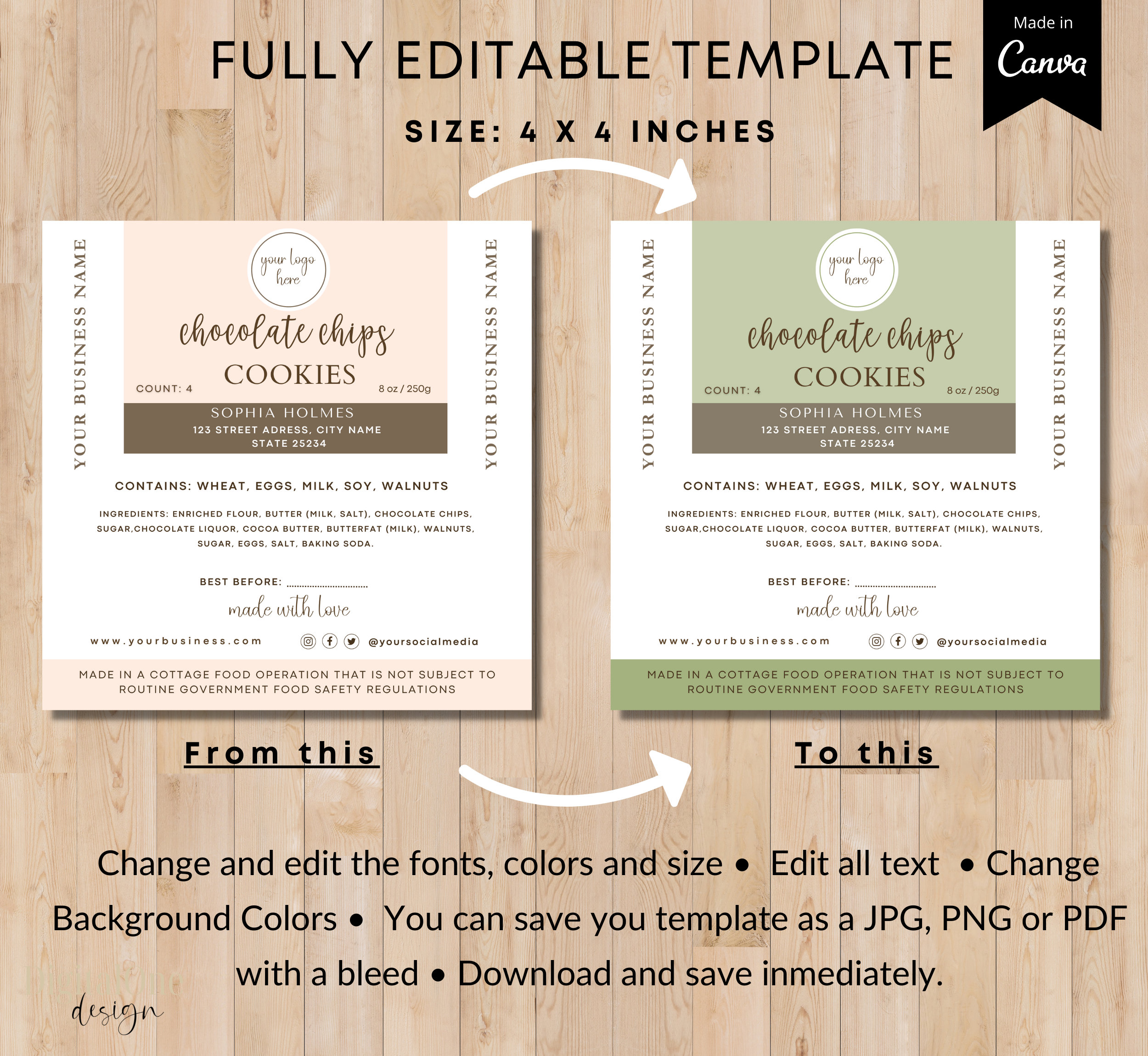 Cottage Law Label Template, Home Baked Good Labels, Ingredients Food