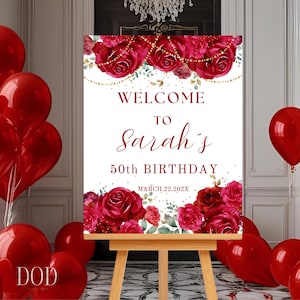 Elegante cartel de bienvenida con rosas rojas, decoración de fiesta con temática roja y dorada, cartel de bienvenida para celebración de cumpleaños con rosas rojas, póster de decoración de entrada