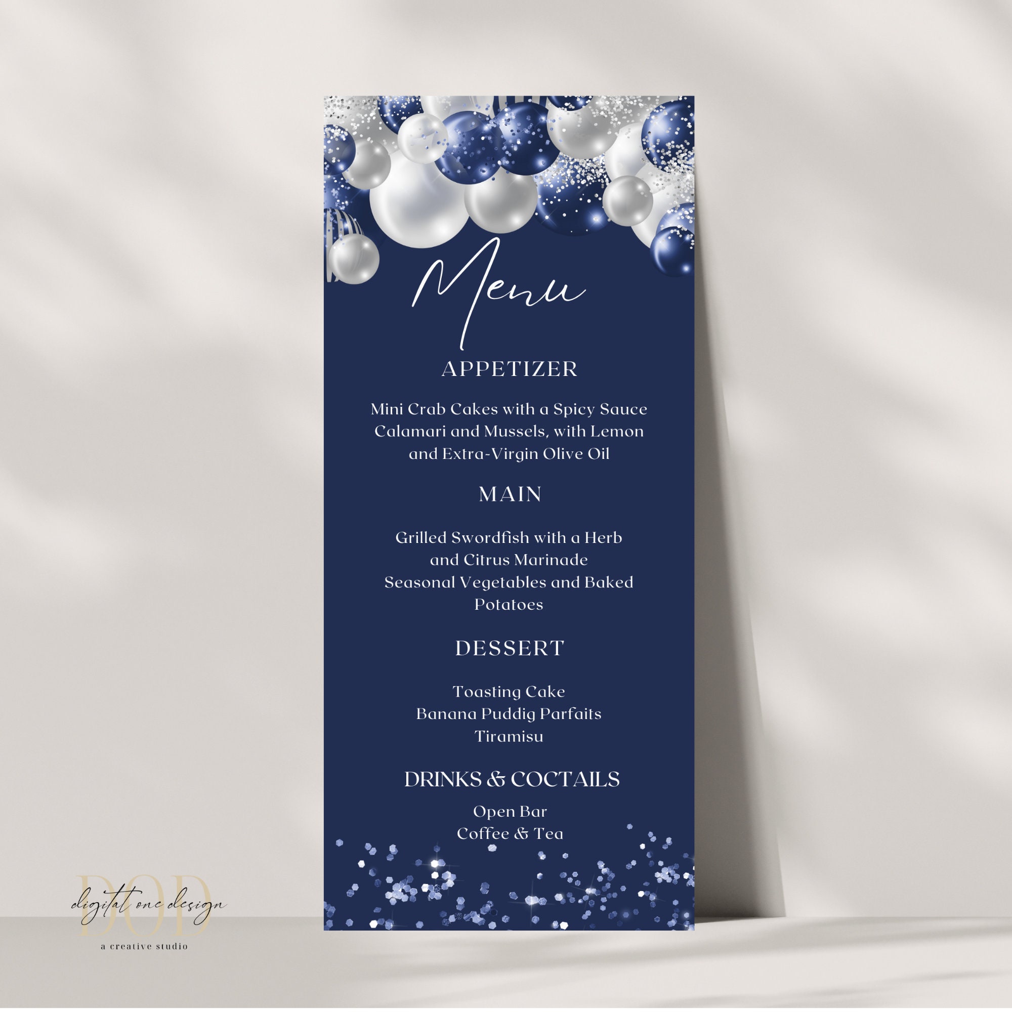 Editable Menu Card Template, Navy and Silver Balloons With Confetti ...