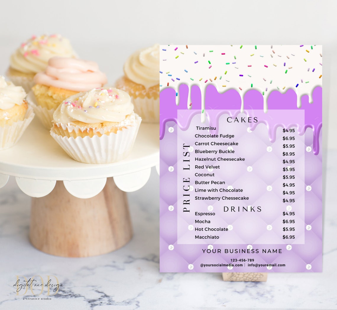 Bakery Price List, Editable Menu Template, Purple Cake Frosting Price