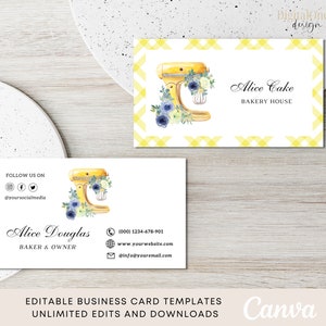 Cartão de visita de padaria editável, cartão de visita de misturador floral azul e amarelo em aquarela, design de cartão de visita amarelo xadrez, confeitaria doce