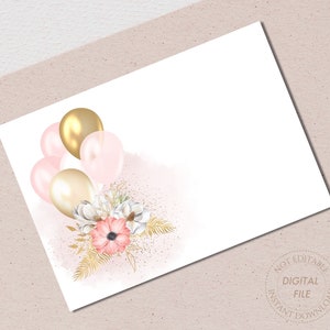 Cartes de correspondance vierges imprimables, TÉLÉCHARGEMENT INSTANTANÉ, Cartes de remerciement, Cartes de correspondance ballons rose fard à joues, Carte de correspondance simple face plate, Or rose