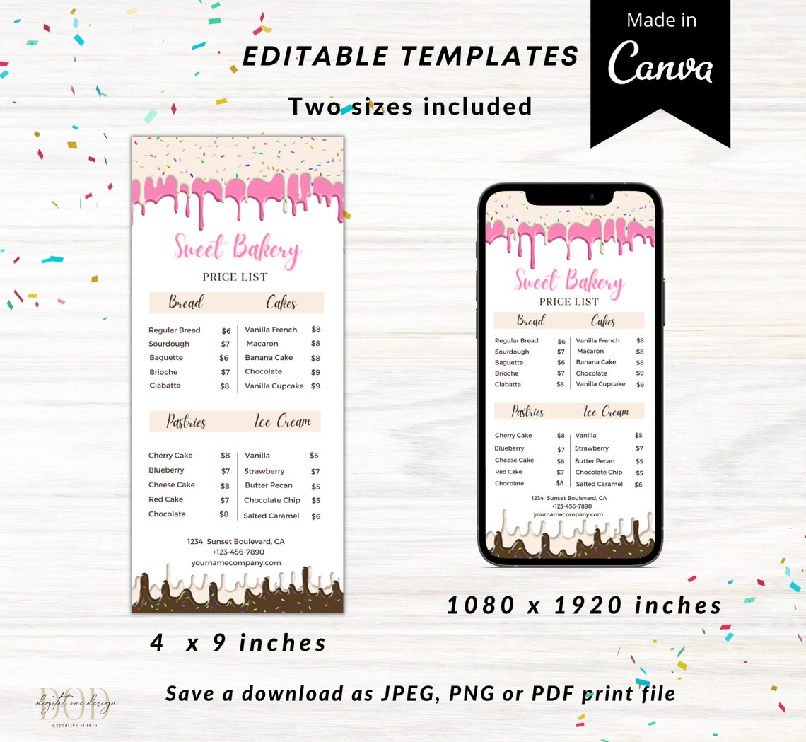 Editable Bakery Price List Template, Dessert Frosting, Sweet Menu