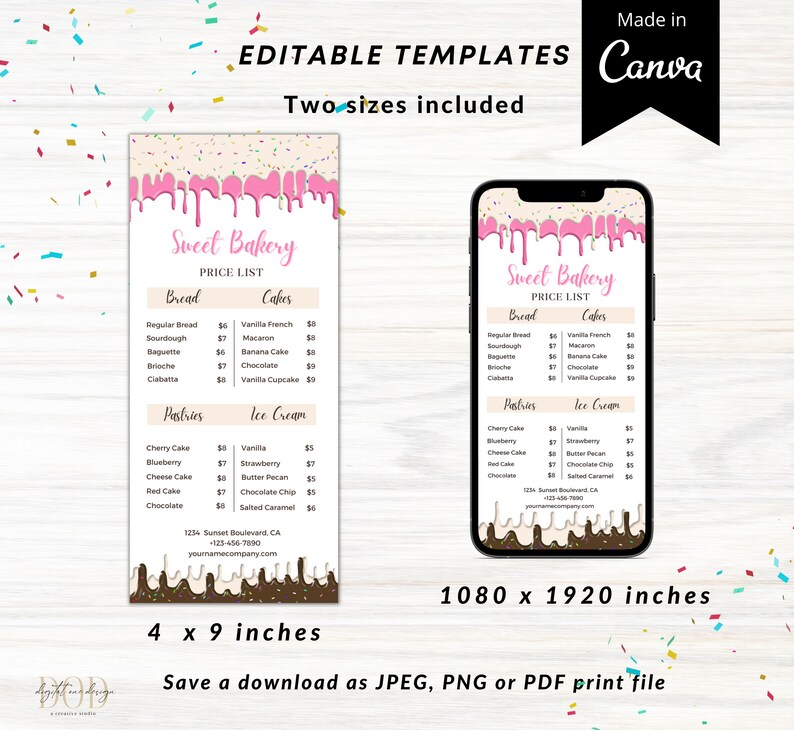 Editable Bakery Price List Template, Dessert Frosting, Sweet Menu