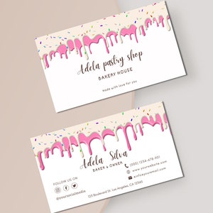 Frosting Drips Visitenkartenvorlage, Baker Cake Visitenkarte, bearbeitbare Canva, Frosting tropfende Vanille Erdbeere und Schokolade