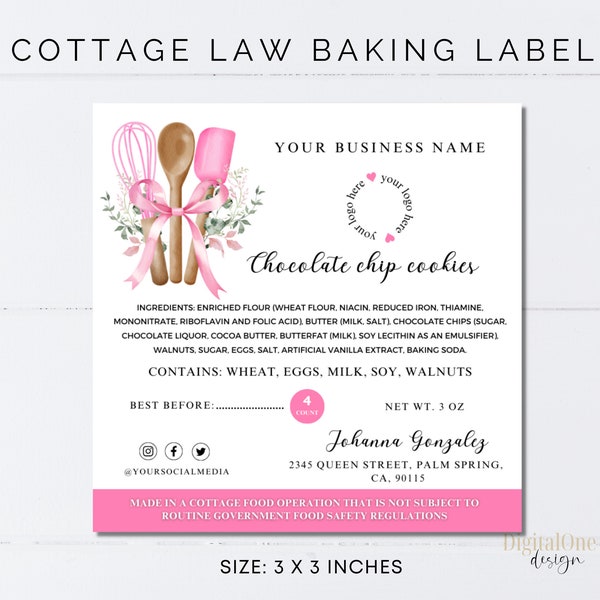 Cottage Law Baking Template, Customizable Ingredients Food Labels for Home Bakers, Ingredient Label, Essential for Home Bakery Business