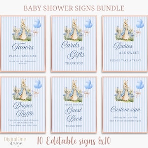 Cartello modificabile Peter Rabbit, cartello da tavolo personalizzabile per celebrazioni speciali, decorazione perfetta per baby shower, coniglietto blu e strisce per neonato