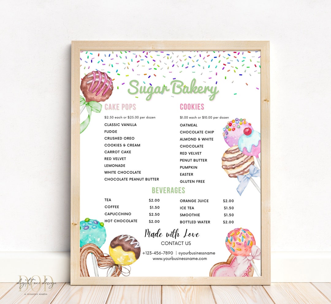 Cake Pop Price List Template, Editable Bakery Price List, Printable