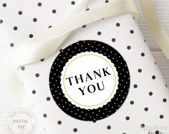 Thank you Tag Printable, Black Gold Polka Dot Tag, INSTANT DOWNLOAD, 2x2" Round Tag, Appreciation Favor Tag, Circle Thank You Stickers