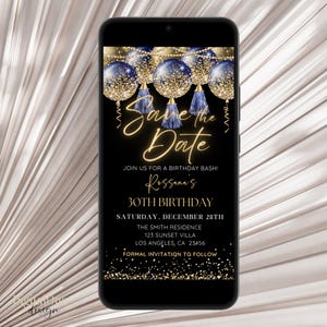 Digitales Save the Date-Geburtstags-Party Einladung, Blau & Gold-Ballons, elektronische Einladung für jeden festlichen Anlass, Telefontext einladen
