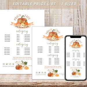 Modelo de lista de preços de abóbora, modelo de menu de padaria, placa de menu de outono, abóbora floral, menu editável, download instantâneo, pequenas empresas