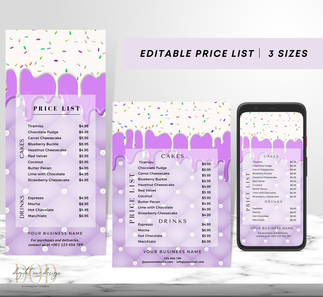 Bakery Price List, Editable Menu Template, Purple Cake Frosting Price
