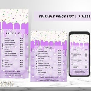 Lista de preços de padaria, modelo de menu editável, lista de preços de cobertura de bolo roxo, lista de preços de sobremesas, folha de preços de donuts de cupcake de biscoito, para impressão