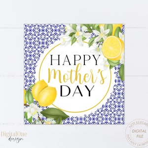 Citroen Happy Mother's Day Tag, Citroen Thema, Blauwe Tegel, Afdrukbare Vierkante Cookies Tag, Instant Download, Mom Gift Tag, Cookies Treats Favor Tag