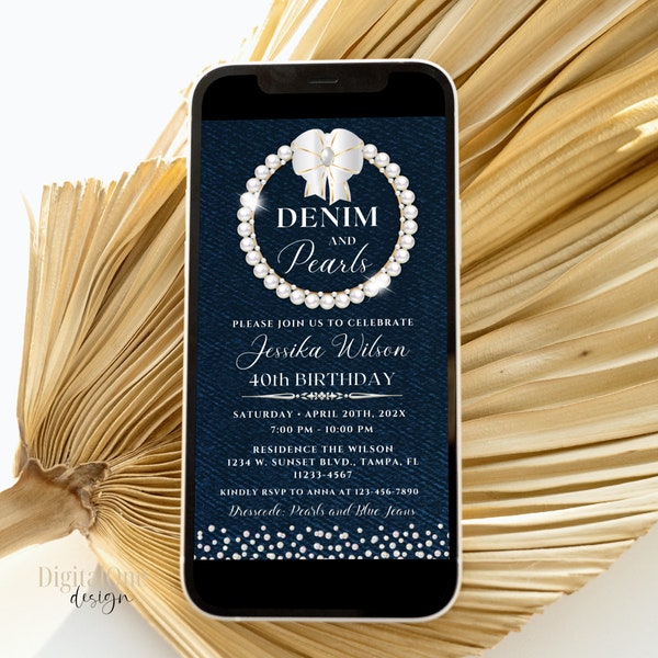 Elegant Pearls and Denim Birthday Party Invitation, Pearls and Blue Jeans Invite, Blue Jeans Themed Party Invite, Ladies Event, Any Age