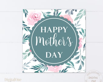 Happy Mother's Day Gift Tag, Pink and Blue Floral Mothers Day Cookies Tag, Square Favor Tag, Instant Download, Printable Cookies Tag