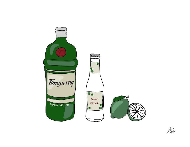 May include: Illustration of a green Tanqueray London Dry Gin bottle, a white Tonic Water bottle with shamrock accents, and two limes, one sliced. The gin bottle has a red seal and the text "Tanqueray London Dry Gin".