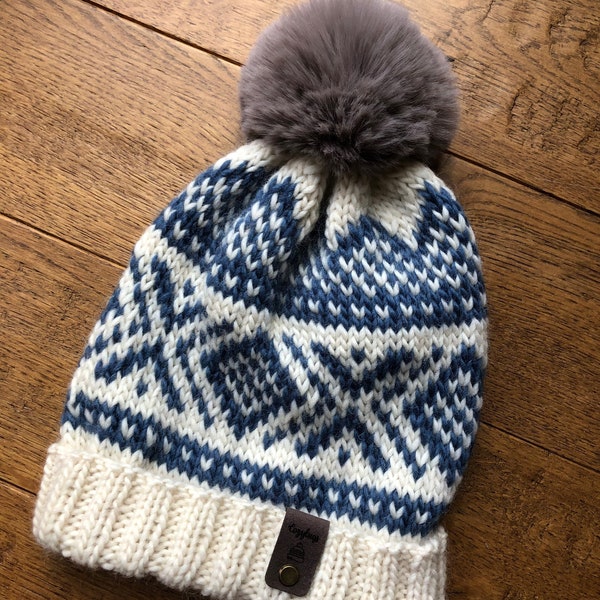 Loch Fitty style - Hand knitted in Scotland using 100% luxury West Yorkshire Spinners wool with faux fur pom pom.