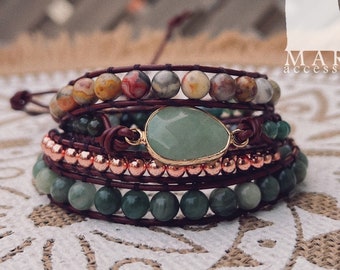 Agate, Jasper leather wrap bracelet- Autumn/fall theme Boho Wrap Bracelet- Gift for men & women-Vegan Leather substitute available