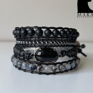 Gothic Black and White Bracelet- Agate and Hematite Leather Wrap Bracelet-Boho Wrap Bracelet-Vegan Leather substitute available
