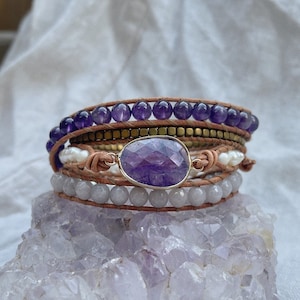 Amethyst Pearl Leather Wrap Bracelet: Handmade Boho Gemstone Jewelry