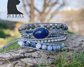 Lapis Lazuli and Sodalite leather wrap bracelet- Boho Wrap Bracelet- Handmade Gift for men & women