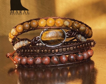 Jasper and Tiger eye leather wrap bracelet- Fall theme Boho Wrap Bracelet- Handmade Gift for men & women-Vegan Leather substitute available