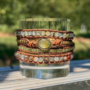 Prehnite Peridot Leather Wrap Bracelet: Boho Gemstone Beaded Jewelry