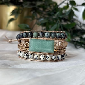 Aventurine and Jasper leather wrap bracelet- Boho Beaded Wrap Bracelet- Handmade Gift