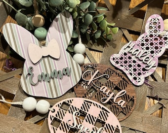 Personalized Easter Basket Tag Bunny, Easter basket wooden bunny, Easter basket wooden egg, Rattan Easter basket bunny, Rattan Easter egg