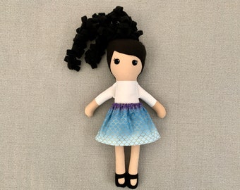 Handmade Brown Skinned Fabric Doll, Mermaid Skirt