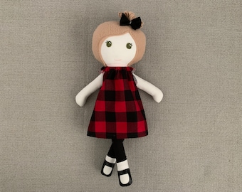 Handmade Cloth Doll, Red Plaid Dress, Embroidered Face, OOAK Rag Doll
