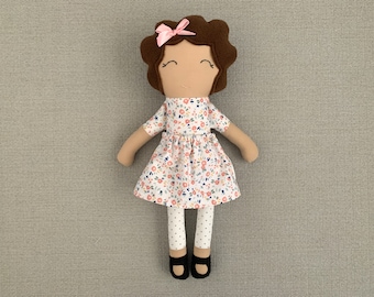 Handmade Brown Skinned Rag Doll, Floral Dress, Embroidered Face