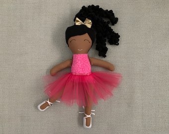 Handmade Ballerina Rag Doll, Brown Skinned, Pink Tutu, 17 Inch