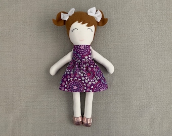 Handmade Fabric Doll, Purple Floral Dress, Keepsake Rag Doll