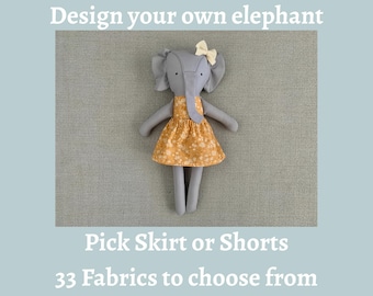 Custom Fabric Elephant Stuffed Animal, Handmade Plush Toy, Personalized Baby Gift