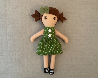 Handmade Fabric Doll, Green Polka Dot Dress, Brown Hair Doll
