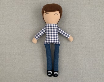 Handmade Brown Skinned Fabric Doll, Embroidered Face, Plaid Shirt